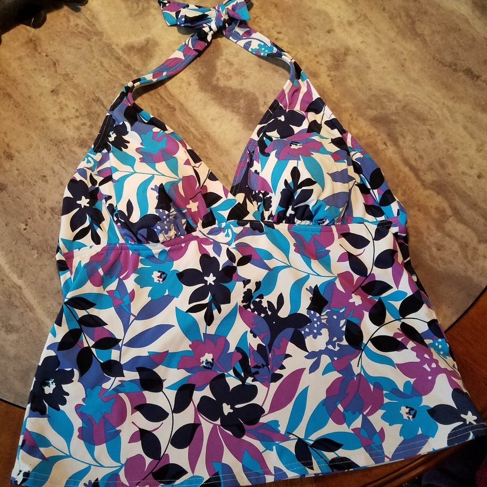 Lands End Halter Tankini Top Blue Floral EUC